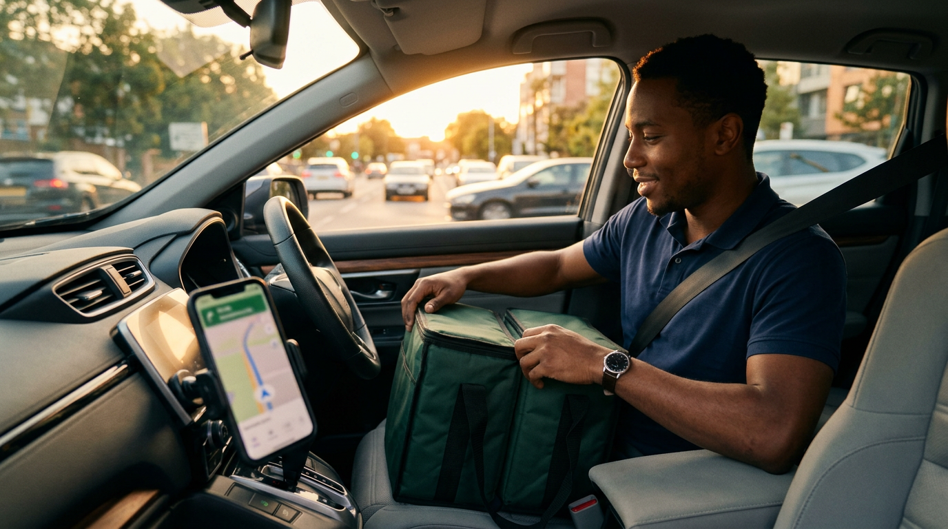 Driver preparing a delivery bag inside a car