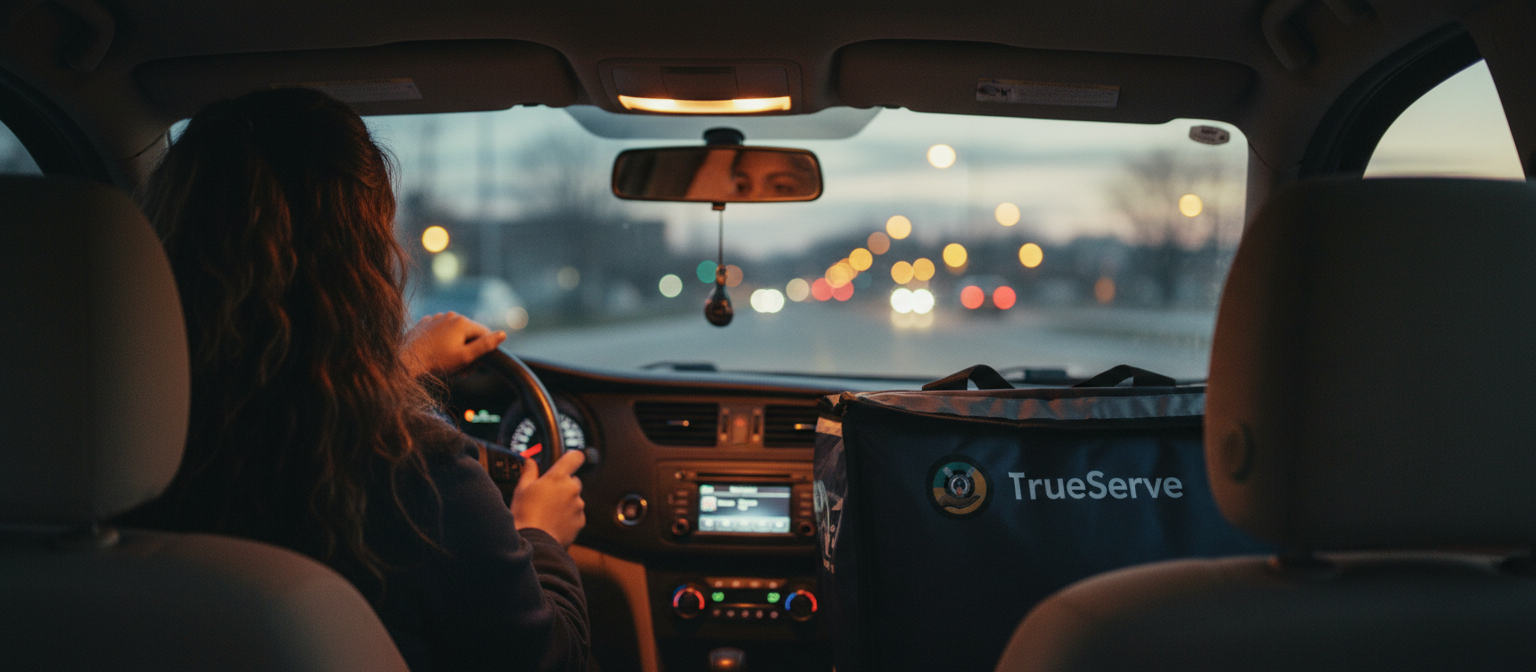 TrueServe driver route view from inside a car with delivery bag